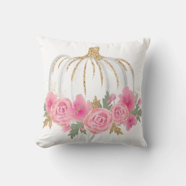 Gold Watercolor Pumpkin Pink Floral Cushion (Front)