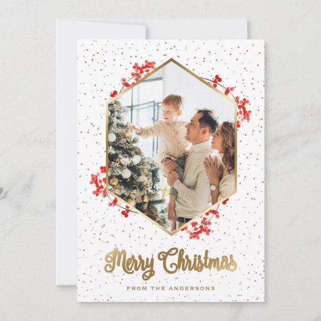 Gold Watercolor Red Berries Photo Christmas Holiday Card (Front)