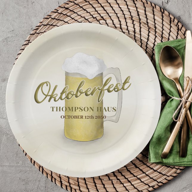 Gold Watercolor Simple Oktoberfest Beer 9" Paper Plate (Gold watercolor paper plate with Oktoberfest typography.)