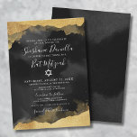 Gold Watercolor Star Of David Mitzvah Invitation<br><div class="desc">This elegant Bat Mitzvah invitation features a black background with faux gold watercolor or alcohol ink framing the top and bottom. The design showcases a mix of script typography and classic serif fonts, creating a simple yet sophisticated look. At the centre, a Star of David adds a meaningful touch to...</div>