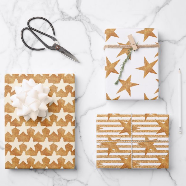Gold Watercolor Stars Christmas Wrapping Paper Sheet (Front)