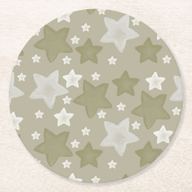 Gold Watercolor Stars Round Paper Coaster (Front)