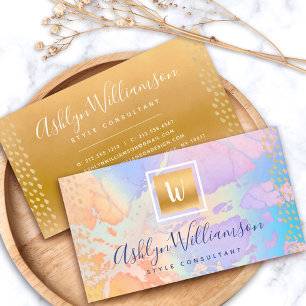 Gold watercolor turquoise orange purple monogram business card