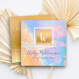 Gold watercolor turquoise purple orange monogram square business card