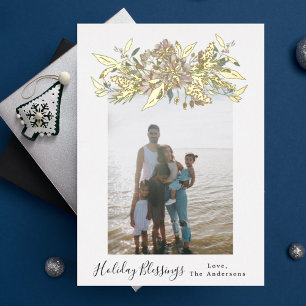 Gold Watercolor Vintage Floral Christmas Photo Foil Holiday Card