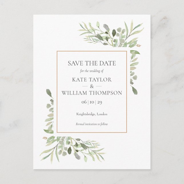 Gold Watercolour Greenery Wedding Save the Date Invitation Postcard (Front)