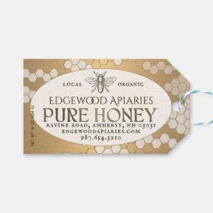 Gold Waterproof Honey Label with Honeycomb and Bee