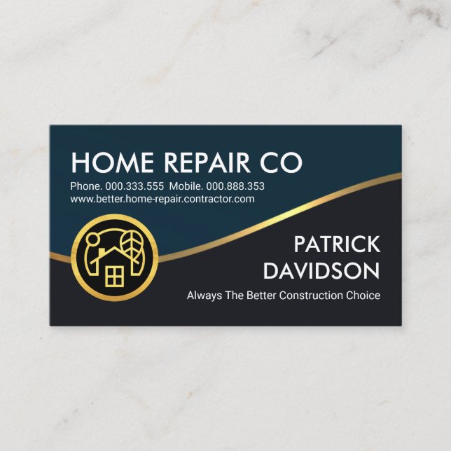 Gold Wave Blue Grey Layers Handyman Business Card (Front)