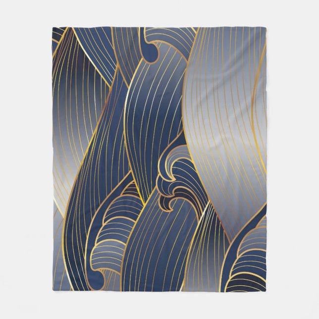 Gold Wave Lines, Abstract Vintage. Fleece Blanket (Front)