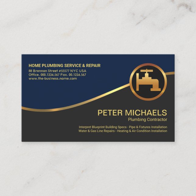 Gold Wave Stylish Blue Grey Layers Plumber Business Card (Front)