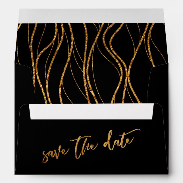 Gold Waves Black Casual Handwriting Save the Date Envelope (Back (Bottom))