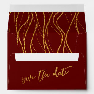 Gold Waves Burgundy Red Handwriting Save the Date Envelope