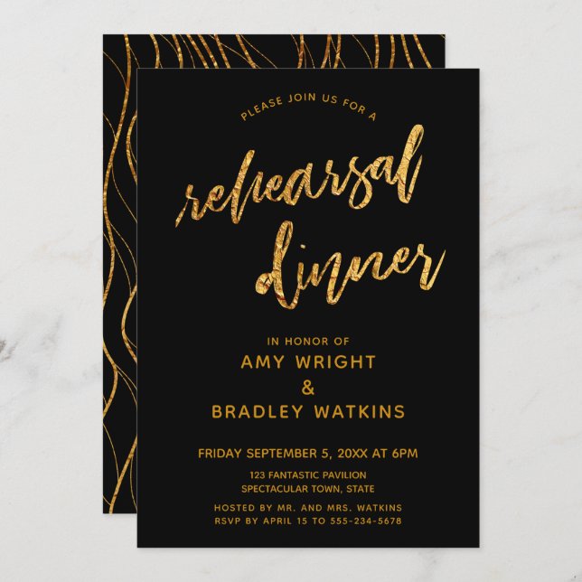 Gold Waves Handwriting Black Rehearsal Dinner Invitation (Front/Back)