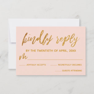 Gold Waves Handwriting Blush Pink Kindly Reply RSVP Card