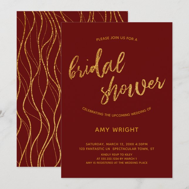 Gold Waves Handwriting Burgundy Red Bridal Shower Invitation (Front/Back)