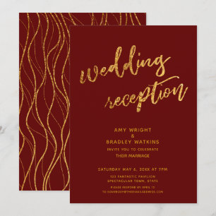 Gold Waves Handwriting Burgundy Wedding Reception Invitation