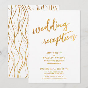 Gold Waves & Handwriting White Wedding Reception Invitation