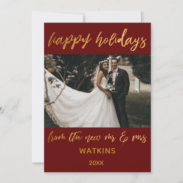 Gold Waves Happy Holidays New Mr & Mrs Burgundy Holiday Card (Front)