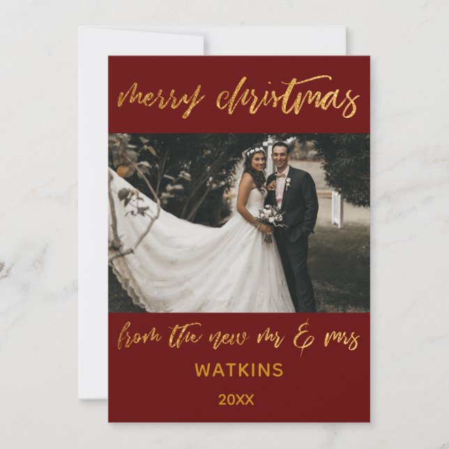 Gold Waves Merry Christmas New Mr & Mrs Burgundy Holiday Card (Front)