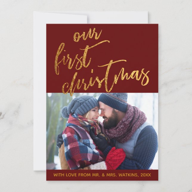 Gold Waves on Burgundy Our First Christmas, Photo Holiday Card (Front)
