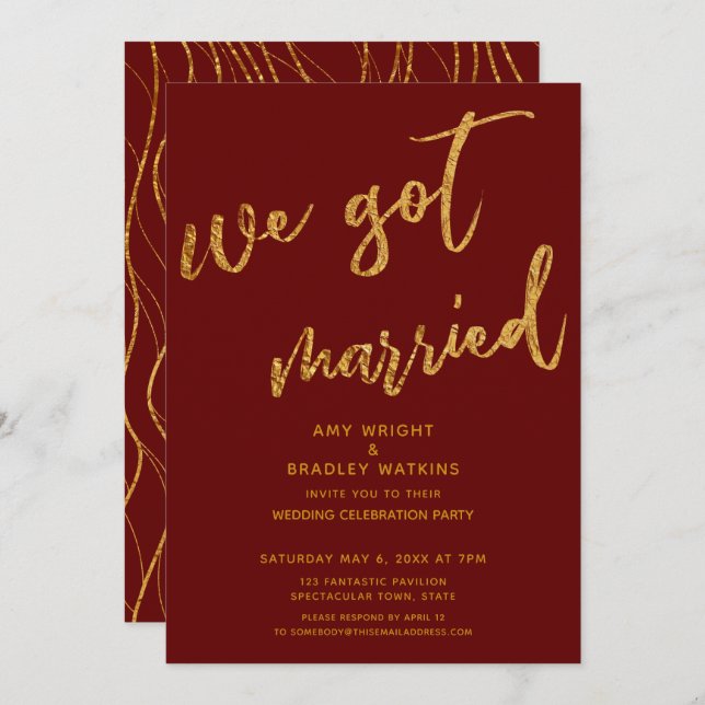 Gold Waves We Got Married Burgundy Red Reception Invitation (Front/Back)