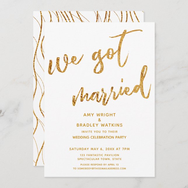 Gold Waves We Got Married White Wedding Reception Invitation (Front/Back)