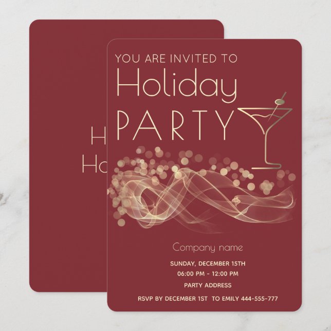 Gold wavy bokeh cocktail corporate Holiday party  Invitation (Front/Back)