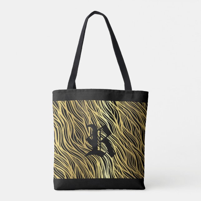 Gold Wavy Fibre Design over Any Colour w/ Monogram Tote Bag (Back)