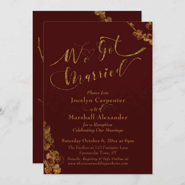 Gold We Got Married with Botanicals, Burgundy Invitation (Front/Back)
