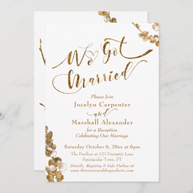 Gold We Got Married with Botanicals on White Invitation (Front/Back)