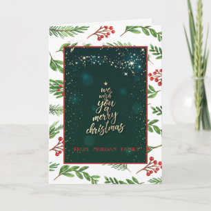Gold We Wish You A Merry Christmas,Holly Berry Holiday Card