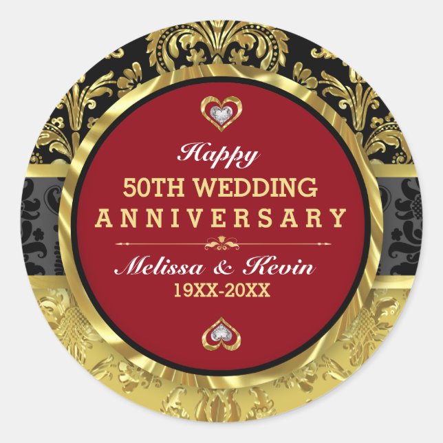 Gold Wedding Anniversary Black Gold & Red Classic Round Sticker (Front)