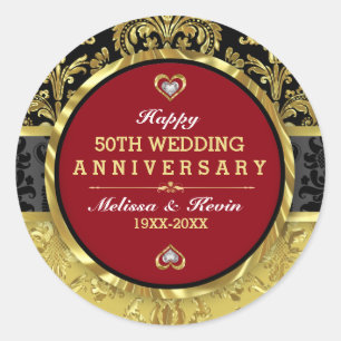 Gold Wedding Anniversary Black Gold & Red Classic Round Sticker