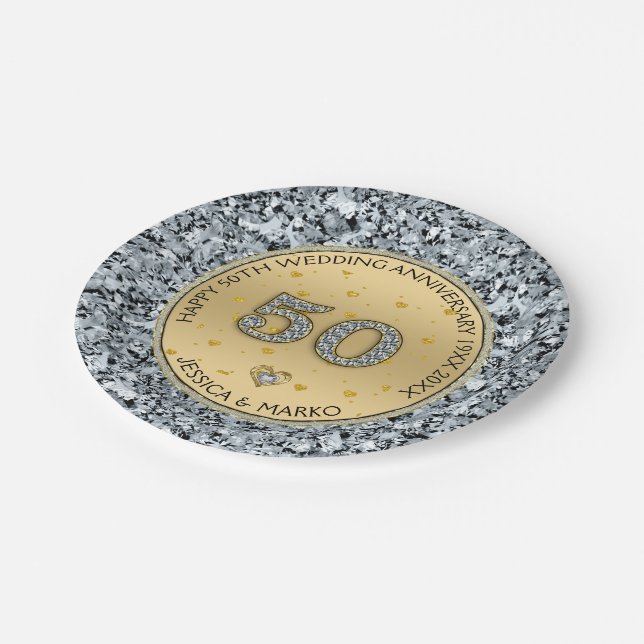 Gold wedding anniversary White diamonds & gold Paper Plate (Angled)