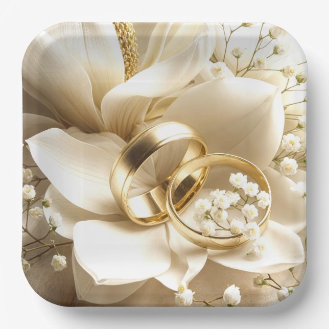 Gold Wedding Bands On a Magnolia Flower Paper Plate (Front)