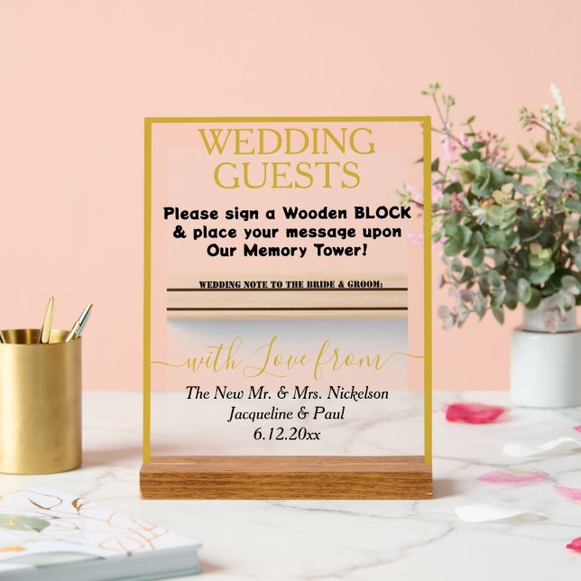 Gold Wedding Book Wooden Block Names  Acrylic Sign (Wedding)