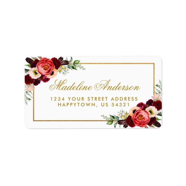 Gold Wedding Burgundy Floral Boho Address Label (Front)