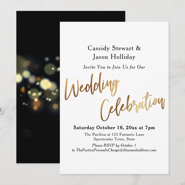 Gold Wedding Celebration Typography, Bokeh Black Invitation (Front/Back)