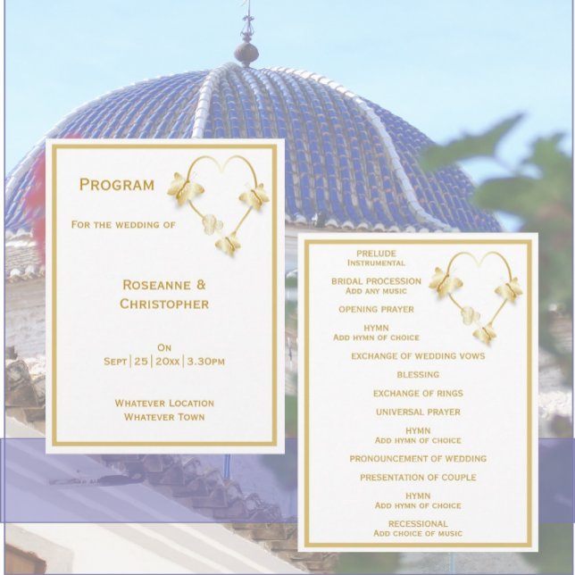 Gold Wedding Church Program Butterflies Heart Programme (Gold wedding church program butterflies heart design)