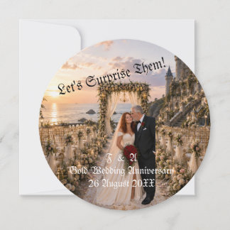 Gold Wedding Couple Photo Surprise Round Invitation