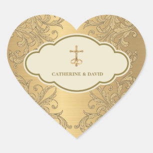 Gold Wedding Cross Heart Sticker