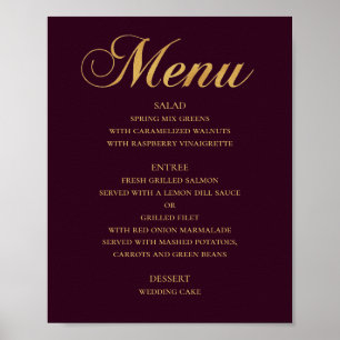 Gold wedding dinner menu. Burgundy elegant simple Poster