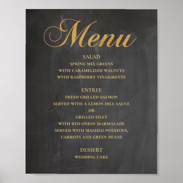 Gold wedding dinner menu. Chalkboard elegant Poster (Front)