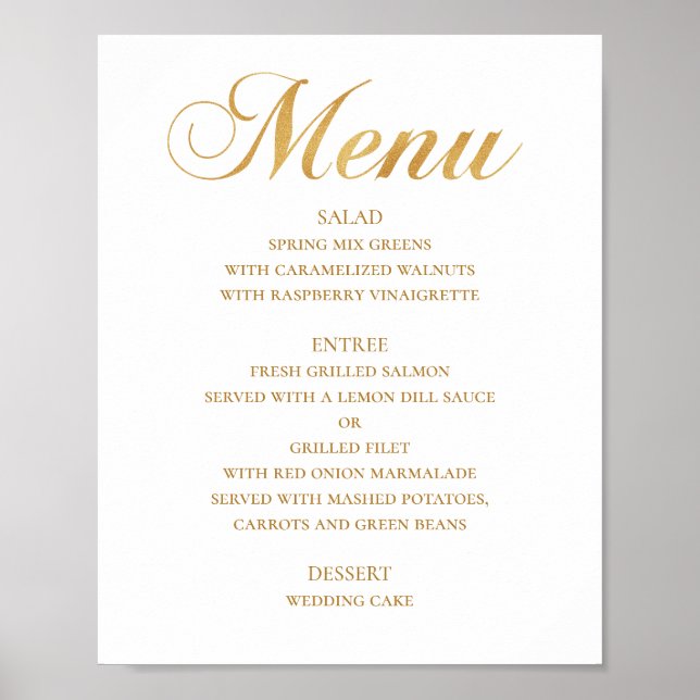 Gold wedding dinner menu. Elegant simple script Poster (Front)