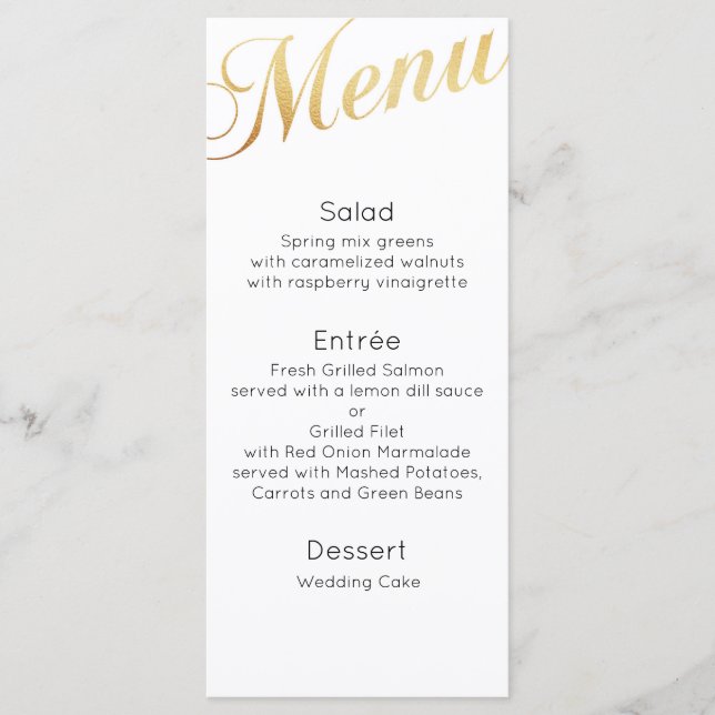 Gold wedding dinner menu. Elegant table decor Menu (Front)