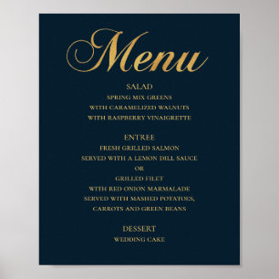 Gold wedding dinner menu. Navy elegant simple Poster