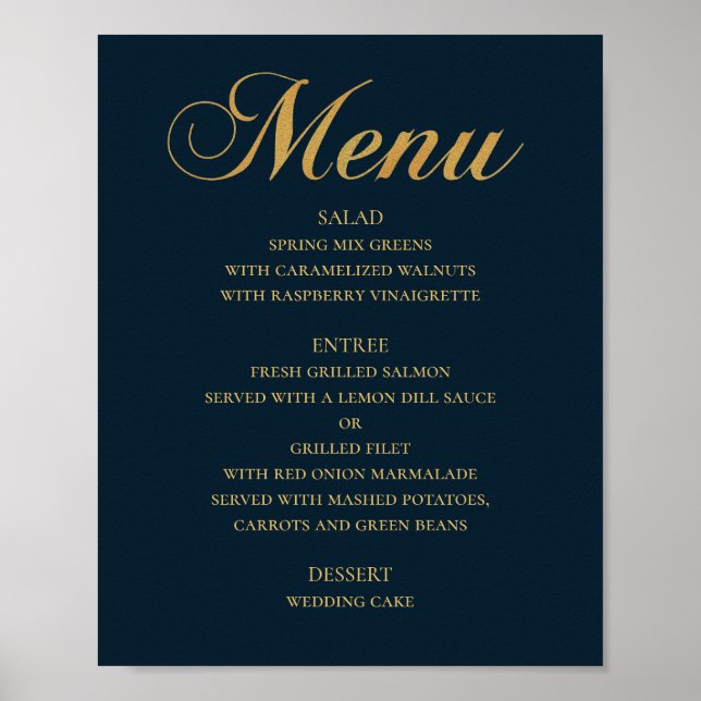 Gold wedding dinner menu. Navy elegant simple Poster (Front)
