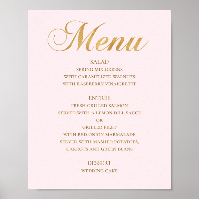 Gold wedding dinner menu. Pink elegant simple Poster (Front)