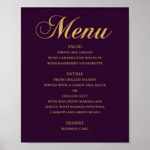 Gold wedding dinner menu. Purple elegant simple Poster