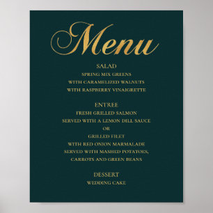 Gold wedding dinner menu. Teal elegant simple Poster